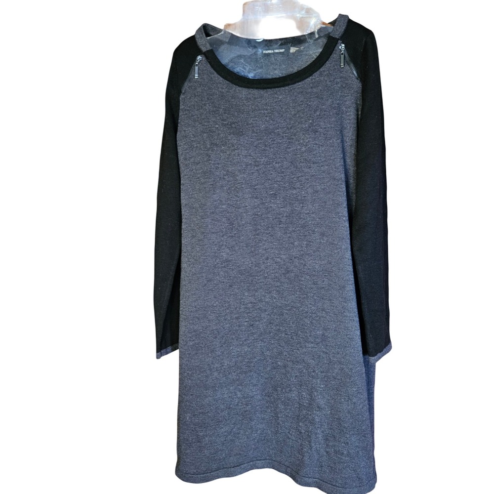 Ivanka Trump Sweater Dress Womens Large Gray Black Colorblock Shoulder Zip Knit